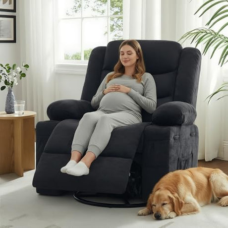 GAOHAPPY Swivel Rocker Recliner Chair, Manual Recliner Single Sofa with Cup Holders and Side Pocket, Chenille Fabric, Upholstered Nursery Rocking Chair for Living Room, Bedroom, Black GAOHAPY