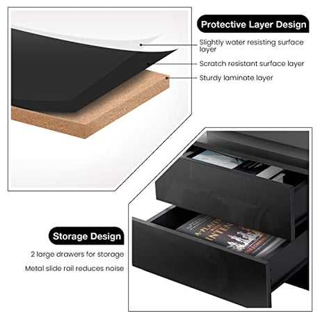 HOMMPA LED Nightstand Modern Black Nightstand with Led Lights Wood Matte Led Bedside Table Night Stand with 2 High Gloss Drawers for Bedroom 20.5" Tall HOMMPA