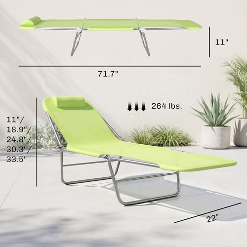 Outsunny Folding Chaise Lounge Pool Chairs, Outdoor Sun Tanning Chairs with Pillow, Reclining Back, Steel Frame & Breathable Mesh for Beach, Yard, Patio, Green