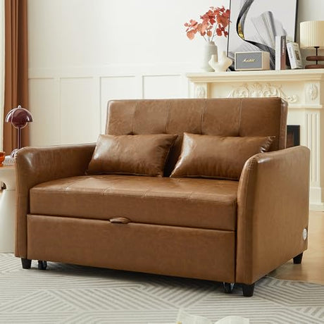 Love Seat Sleeper Bed, Pull Out Couch Bed with USB Charging Ports, 3 in 1 Faux Leather Loveseat Sleeper Sofa Bed, Pull Out Sofa Bed with Adjustable Backrest for Living Room, Bedroom, Apartment-Brown Heliodeck