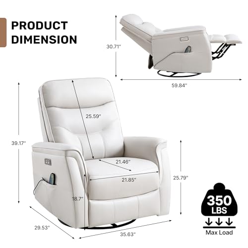 choairy Recliner Chair for Adults, Power Faux Leather Rocker Recliner Massage and Heat, Oversized Swivel Reclining Nursery Chair with USB Ports for Living Room, Office Beige