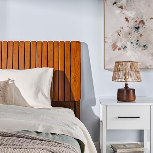 Walker Edison Queen Transitional Vertical Slatted Headboard Solid Wood Bed, Queen Size, Brown Walker Edison