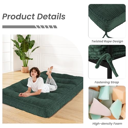 8 Inches Futon Mattress Queen Size, Futon Sofa Couch Bed with Straps, Thick Corded Fabric Floor Futon Mattress for Adults, Sleeping Mat Foldable Mattress for Camping, Green(Frame Not Included) Bliss Homey