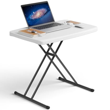 MAKE CHANGES Folding Table 30 Inch - Small Desk Adjustable Height TV Tray for Laptop, Couch, Camping - Heavy Duty Utility Foldable Table for Small Spaces, No Assembly Required, White Granite MAKE CHANGES