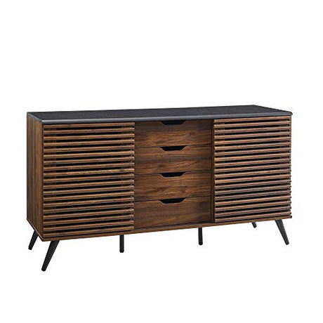 Walker Edison Modern 4 Drawer Sliding Door Wood Cabinet Buffet Entryway Serving Storage Cabinet Doors Dining Room Console, 59 Inch, Black and Dark Walnut Walker Edison