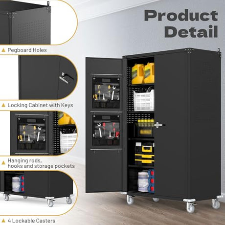 biosp 72" H Wide & Deep Garage Storage Cabinet with Wheels & Pegboards, Metal Storage Cabinet with Locking Door & Adjustable Shelves, Rolling Tool Cabinet for Garage, Shop, Office, 72"x43"x22" biosp