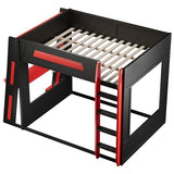 SOFTSEA Queen Size Gaming Bunk Bed with Desk, Storage Shelves, LED Lights & USB Ports, Wood Loft Bunk Bed with Desk and Ladder for Kids, Teens & Adults, Space-Saving, Black & Red SOFTSEA