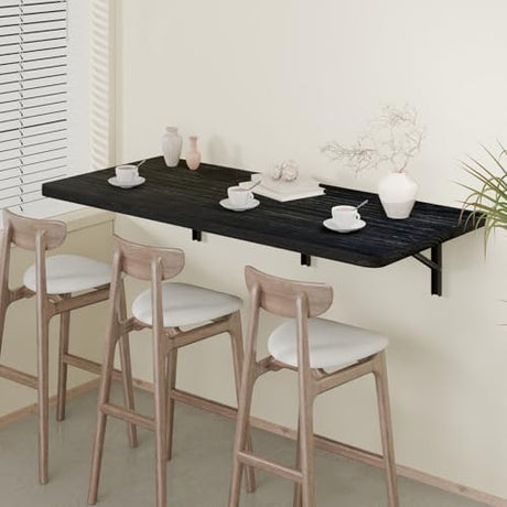 IAE Floating Wall Mounted Folding Table Desk with Pine Wood,48" x 22" Folding Workbench,Fold Down Wall Mounted Foldable Desk with Shelf Brackets,Laundry Table for Home,Dining,Office,Kitchen,Black IAE