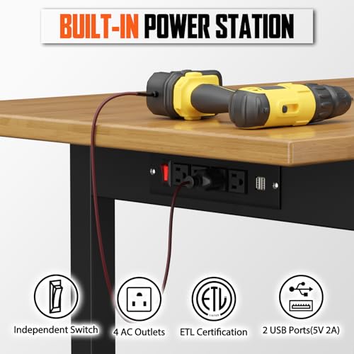 SGHATAJ 48” Adjustable Height Workbench with Drawers, Heavy-Duty Solid Wood Work Table with Lockable Wheels and Power Outlets, 3000 Lbs Capacity Workstation for Garage, Workshop, Home, Office SGHATAJ