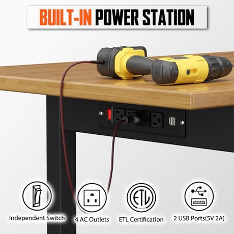 SGHATAJ 48” Adjustable Height Workbench with Drawers, Heavy-Duty Solid Wood Work Table with Lockable Wheels and Power Outlets, 3000 Lbs Capacity Workstation for Garage, Workshop, Home, Office SGHATAJ