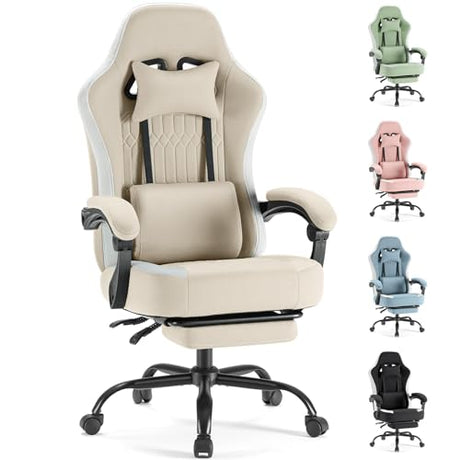 Sweetcrispy Computer Gaming Chair - High Back Ergonomic Desk Chair with Footrest and Lumbar Support, Height Adjustable Task Chair with Linkage Armrests and Headrest, 360° Swivel Wheels, Khaki Sweetcrispy