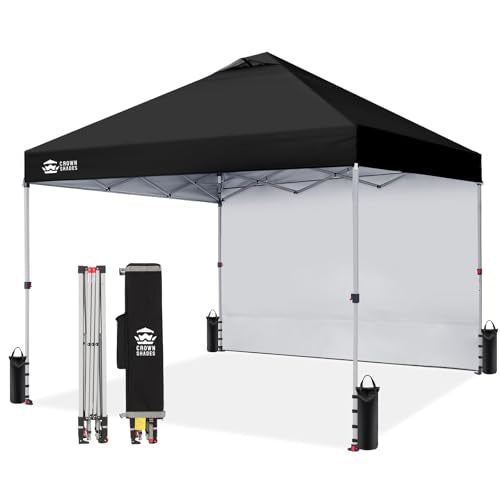 CROWN SHADES 10x10 Pop Up Canopy with 1 Side Wall - Beach Tent with One Push Setup - Outdoor Sun Shade for Events, Parties, Camping - Gazebo with STO-N-Go Cover Bag (Black) CROWN SHADES