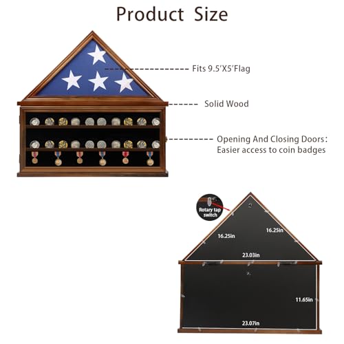 Zmiky Large Burial Flag & Military Challenge Coin Display Case Solid Wood Cabinet Fits a 5 X 9.5 Flag Folded Removable 2 Grooves Shelves and Lockable - WoodArtSupply