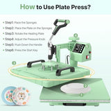 Slendor Heat Press 15x15 Inch 5 in 1 Heat Press Machine 360-Degree Swing Away Digital T Shirt Pressing Machine Multifunction Heat Transfer Sublimation Combo for T Shirts Mugs Hat Plate Cap,Green Slendor