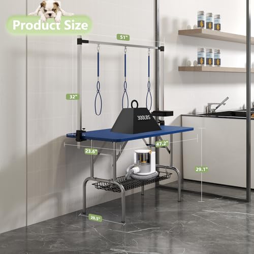 VFK 47'' Large Dog Grooming Table Stainless Steel Foldable Grooming Table for Dogs at Home Adjustable Height Arms Pet Station with Nooses, Mesh Tray, Tool Organizer VFK