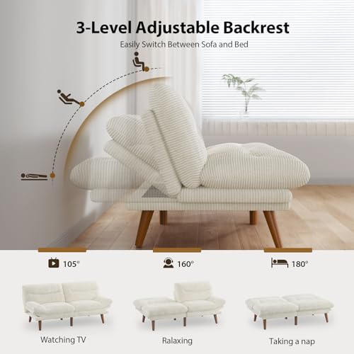 PERLECARE Convertible Futon Sofa Bed, 66" Corduroy Futon Couch with Adjustable Backrest and Armrests, 3-in-1Recliner Sleeper Sofa for Small Spaces, Play Room,Living Room or Office（66 in,White） PERLECARE