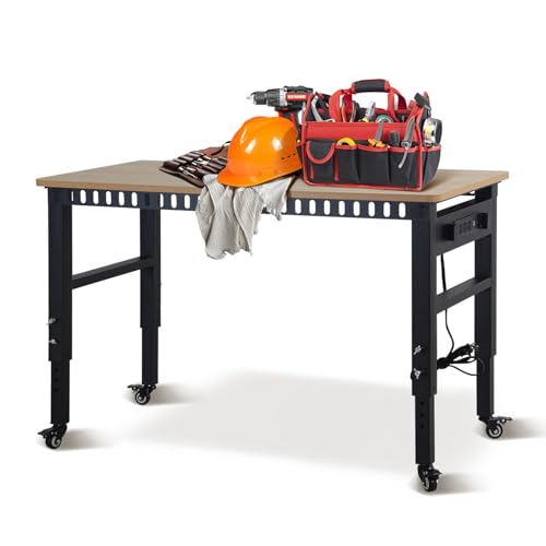 48" Adjustable Workbench with Power Outlets - 2000 LBS Load Capacity, Rubber Wood Top, 6-Level Height Adjustment (26.3" to 35.8") - Heavy-Duty Work Table for Workshop, Garage, Home Yoloyakidra