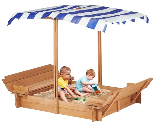 Kids Sandbox with Adjustable Cover and Foldable Bench Seats, 46''x46'' Outdoor Wooden Sandpit for Backyard Play SoliWood