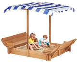 Kids Sandbox with Adjustable Cover and Foldable Bench Seats, 46''x46'' Outdoor Wooden Sandpit for Backyard Play SoliWood