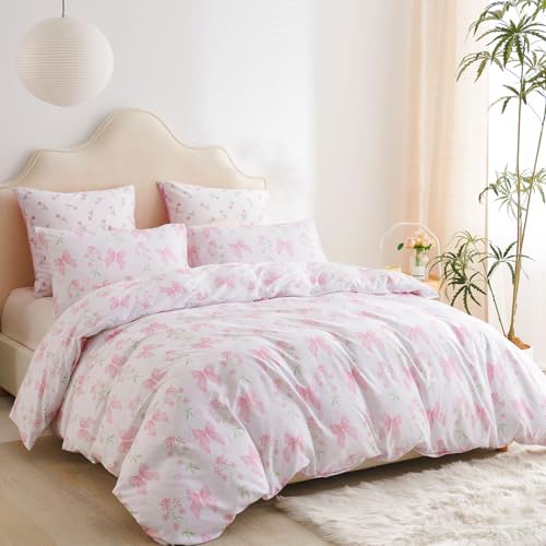 Jolusere Floral Duvet Cover Queen Pink Bow Bedding Set for Girls Kids, Princess Style Bowknot Flower Design, Coquette Duvet Cover Set 3 Pieces, 2 Pillowcases, 100% Microfiber Jolusere