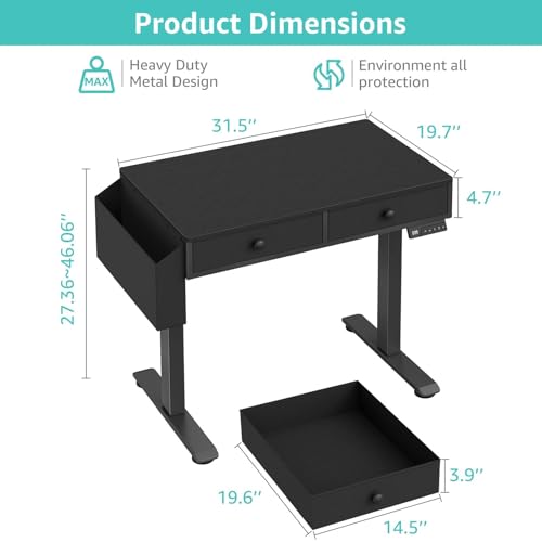 KLUVIS Electric Standing Desk with Drawers - 32 Inch Small Black Height Adjustable Sit Stand Desk with Storage for Home Office Bedroom, Study Writing Compact Stand up Computer Desks for Boys Girl Work KLUVIS