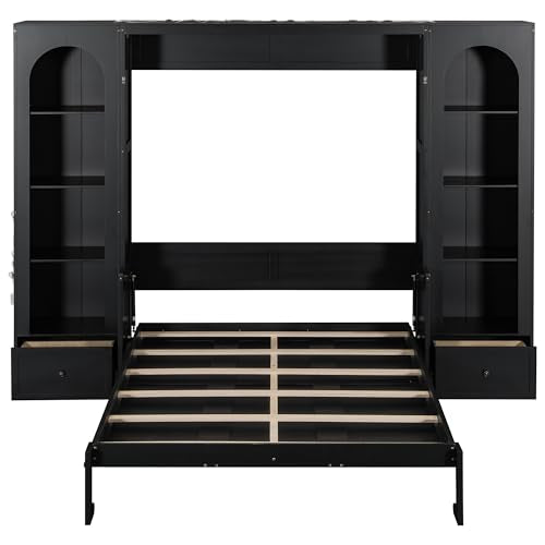 Merax Queen Size Murphy Platform Bed with Shelf, Side Cabinets, Drawers and LED, Black Merax