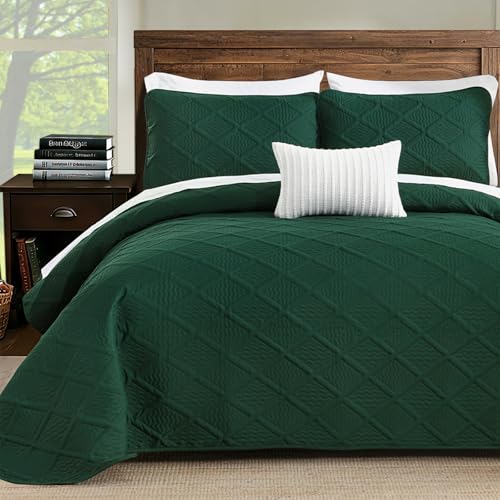Yiran Quilts King Size, Emerald Green Spring Summer Bedspread Bedding Set, 3 Pieces Diamond Pattern Thin Lightweight Coverlet with 2 Pillow Shams for All Season 106x96 Inch
