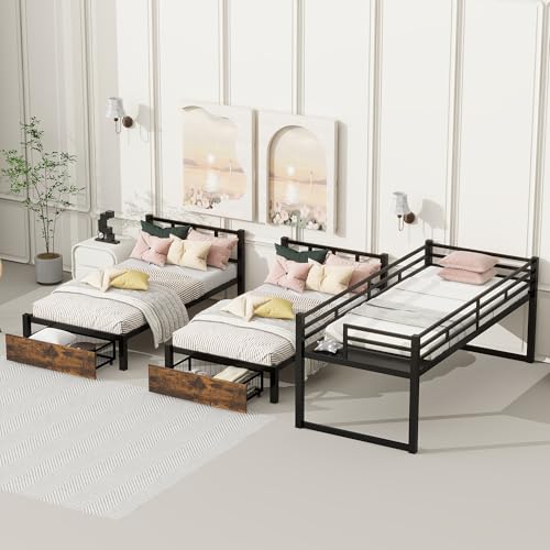kuurfuurdo Metal Triple Bunk Bed for Kids, Detachable TwinXL Over Twin Over Twin Triple Bunk Bed with Guardrails, Ladder & Storage Drawer, Converts to 3 Separate Beds (3 Bunk Beds for Kids) kuurfuurdo