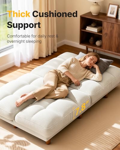 AMADA HOMEFURNISHING 65" Futon Sofa Bed, Convertible Futon Couch with Adjustable Backrest, Ergonomic Recliner Sleeper Sofa with Corduroy Fabric for Living Room, Office, Guest Room (White) AMADA HOMEFURNISHING