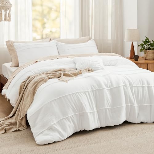 Bedsure White Queen Comforter Set - 4 Pieces Pinch Pleat Bed Set, Down Alternative Bedding Sets for All Season, 1 Comforter, 2 Pillowcases, 1 Decorative Pillow Bedsure