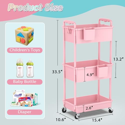 SUNALLY Baby Diaper Caddy Cart, 3 Tier Rolling Diaper Cart with Lockable Wheels for Nursery Essentials, Large Capacity & Easy Assemble Diaper Storage Organizer for Newborn,New Mom, Pink