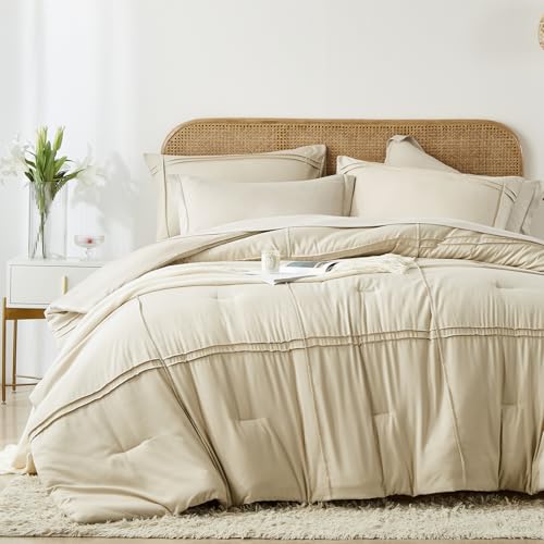 Yogeneg Twin Comforter Set 5 Piece Bed in a Bag,Grid Pinch Pleat Beige Twin Bedding Set,Striped Textured Soft Microfiber Comforter with Sheet Set,All Season Complete Bed Set(Beige,Twin) Yogeneg