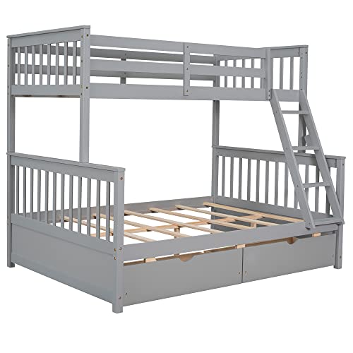 Merax Wood Bunk Bed with Drawers,Convertible Wood Bunk Bed with Ladders and Two Storage Drawers,Solid Wood Detachable Bed Frame with Ladders,Twin Over Full Size,Grey Merax
