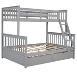 Merax Wood Bunk Bed with Drawers,Convertible Wood Bunk Bed with Ladders and Two Storage Drawers,Solid Wood Detachable Bed Frame with Ladders,Twin Over Full Size,Grey Merax