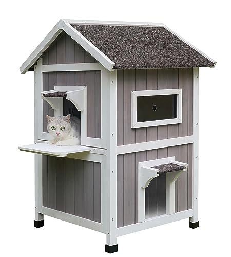 HiCaptain Outdoor Cat House for Feral Cats, Weatherproof Outside Cat Shelter Wooden 2 Story Large Kitty House with Escape Door - WoodArtSupply