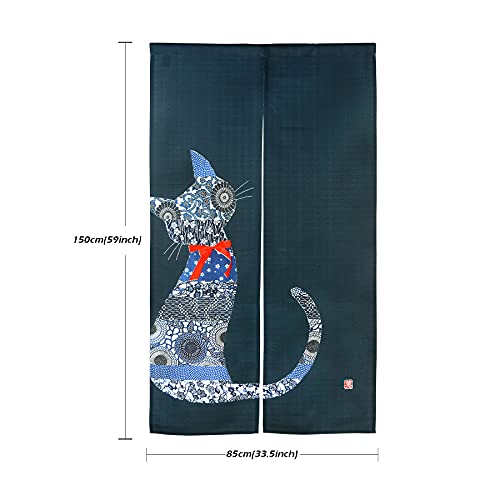 LIGICKY Noren Japanese Style Doorway Curtain Cat with Traditional Chinese Floral Printed Door Tapestry Boho Décor Room Divider Curtains, 33.5" Width x 59" Long Navy Blue LIGICKY