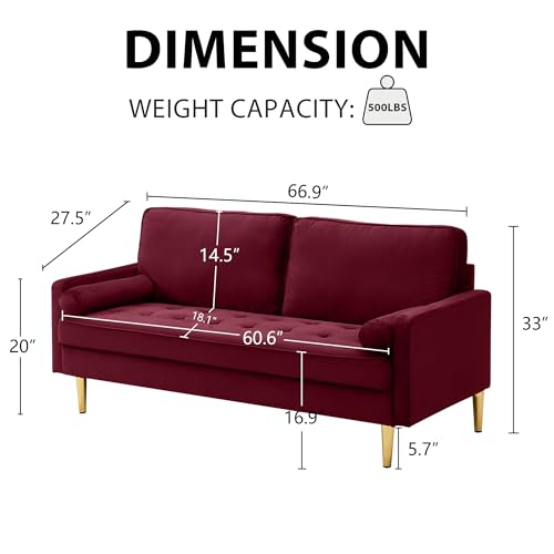 RXRRXY 67" Modern Velvet Loveseat Sofa Couch, Mid-Century Tufted Upholstered Small Love Seat Couch with 2 Pillows & 4 Golden Legs, 2-Seats Couches for Compact Space, Living Room, Apartment (Burgundy) RXRRXY