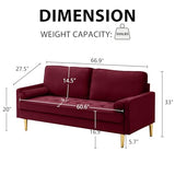 RXRRXY 67" Modern Velvet Loveseat Sofa Couch, Mid-Century Tufted Upholstered Small Love Seat Couch with 2 Pillows & 4 Golden Legs, 2-Seats Couches for Compact Space, Living Room, Apartment (Burgundy) RXRRXY