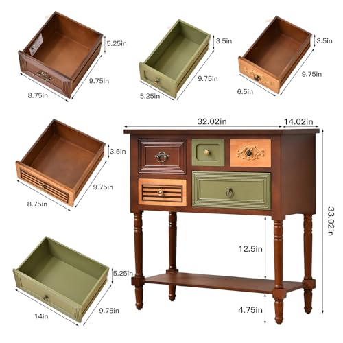 Ahokua Vintage Accent Cabinet with 5 Drawers and Open Shelf, Multi-Tone Console Table with Turned Wood Legs, Mid-Century Entryway Table for Hallway or Living Room Ahokua