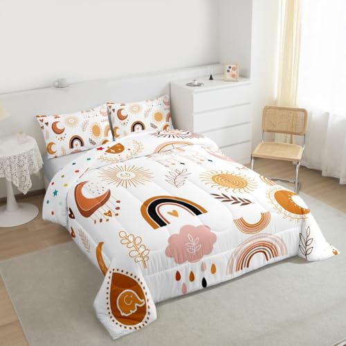 Boho Rainbow Bedding Set For Girls Twin,Cute Bohemian Eyes Moon Sun Comforter Set Kawaii Cloud Dream Catcher Bedding Comforter Sets For Kids Nursery Cartoon Hand Drawn Doodle Quilt Set 1 Pillowcase Erosebridal