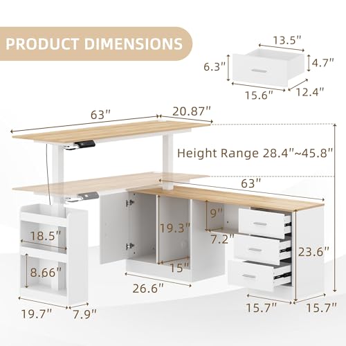 Timechee 63" Large Electric Standing Office Desk with Drawers, Modern Executive Deep L Shaped Computer Raising Stand up Desk with Shelves Storage for Home Office, Adjustable Height, White & Natural Timechee
