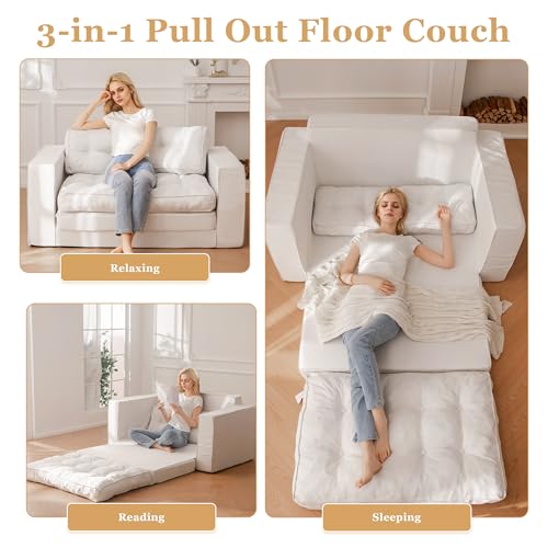 YOSHOOT Loveseat Sleeper Sofa,55" Convertible Sofa Bed Couch Futon Couches for Living Room,3-in-1 Pull Out Floor Couch with Backrest and Pillows, White YOSHOOT