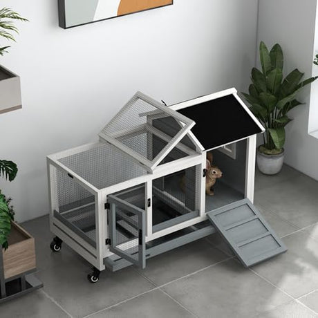 PawHut Indoor Outdoor Wooden Rabbit Hutch with Wheels, Large Bunny Hutch with Run & Slide-Out Tray for Small Animals, Guinea Pig, Gray PawHut