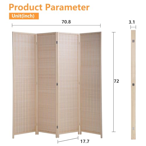 Bamboo Room Divider - 4 Panel Folding Privacy Screen, 72 x 17.7 - Ideal Room Partition & Divider for Living Room, Bedroom, Study (Natural, 4 Panel) PIKAQTOP