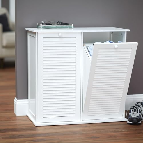 Household Essentials Tilt-Out Laundry Sorter Cabinet with Shutter Front, White, White Wood Shutter Household Essentials