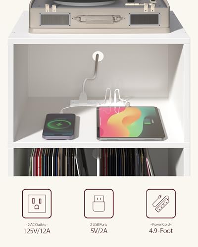 Yzosvki Record Player Stand, 3-Tier Side End Table with Charging Station, Turntable Stand Up to 160 Albums, Vinyl Storage Cabinet Dispaly Shelf for Living Room, Classic White Yzosvki