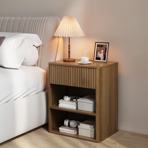 Nightstand Bedside Table Storage Drawer - Large Mid Century Modern Night Stand with Fluted Wood Storage Drawer and Open Shelf Bed Side Table for Bedroom Study Room, Walnut Brown, Set of 1 Lazzanto