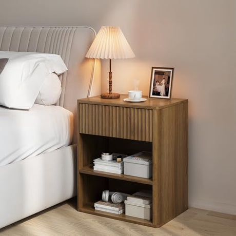 Nightstand Bedside Table Storage Drawer - Large Mid Century Modern Night Stand with Fluted Wood Storage Drawer and Open Shelf Bed Side Table for Bedroom Study Room, Walnut Brown, Set of 1 Lazzanto