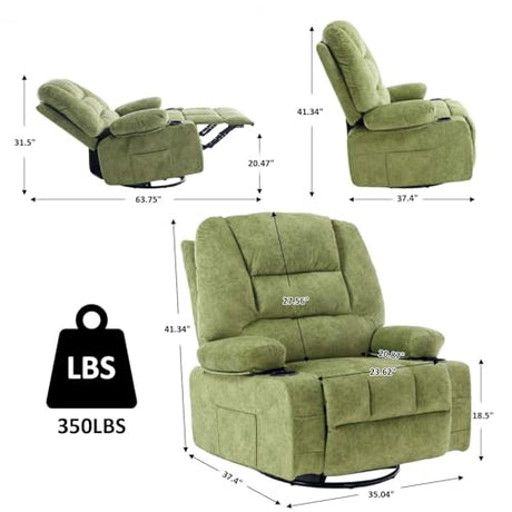 KCQ Oversized Swivel Rocker Recliner Chair with Massage Heat Cup Holders Overstuffed Fabric Reclining Glider Chairs for Nursery Manual Rocking Recliner, Green KCQ