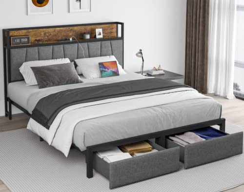 CIKUNASI Queen Size Bed Frame with Storage, Charging Station, and LED Lights - WoodArtSupply